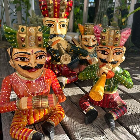 Vintage Set 4- Indian Handicraft Wooden Rajasthan Musicians Folk Art Statues - Picture 4 of 16